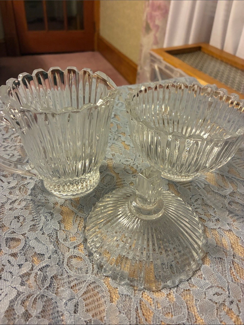 Clear Pressed Glass Sugar Bowl with Lid and Creamer Set - Clear